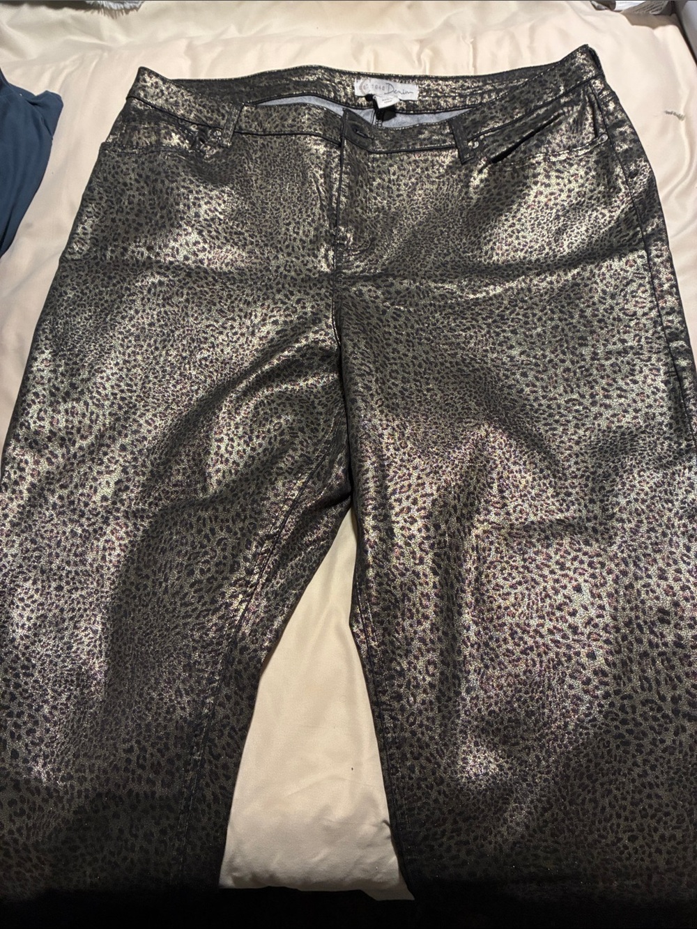 Metallic Leopard-Print Skinny Pants
